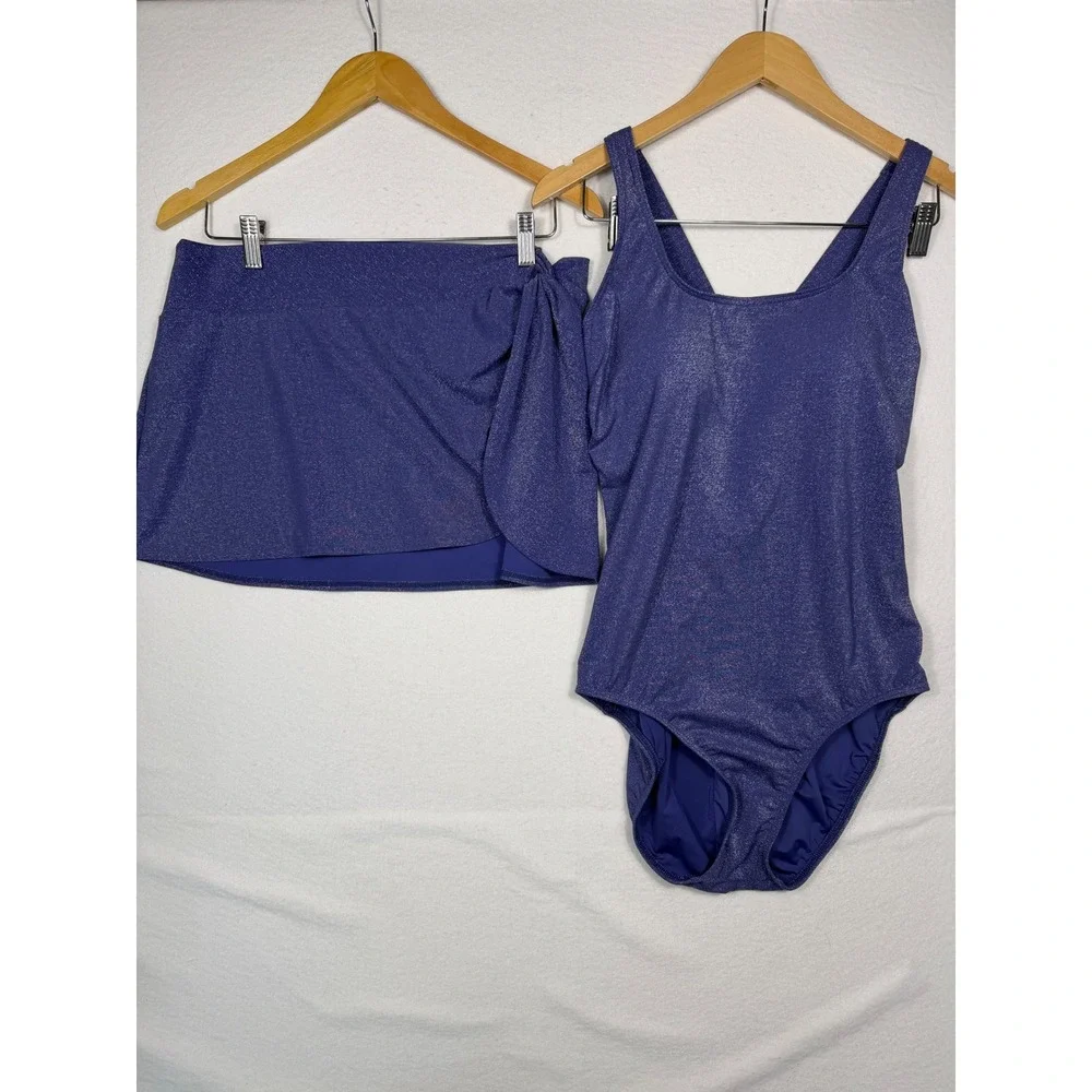 Lands End Swimsuit Skirt Set Womens 14 Blue Metallic Shimmer 2pc One Piece Skirt